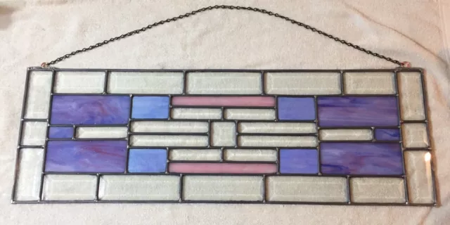 Art Deco Purple & Clear Beveled and Stained Glass Window Transom Handmade 10x30 3