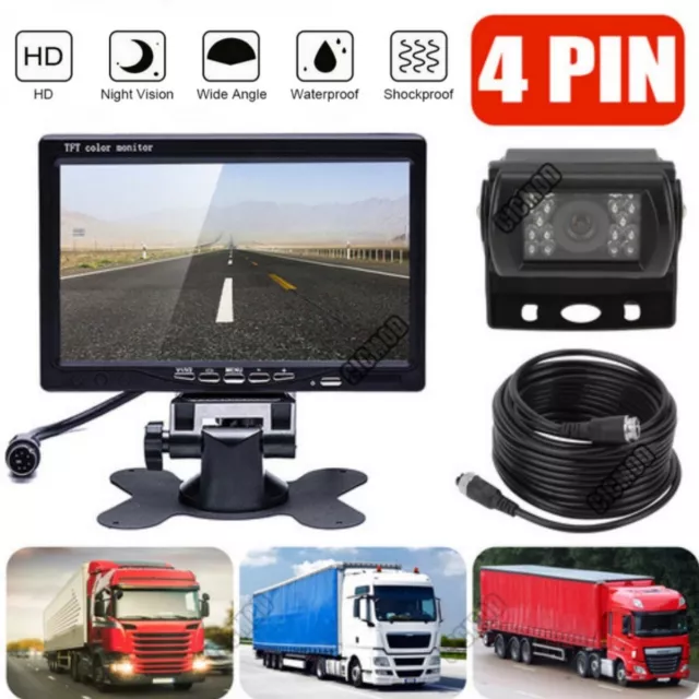 Car Reversing Camera 4Pin + 7" LCD Monitor Truck Bus Van Rear View Kit 12V/24V