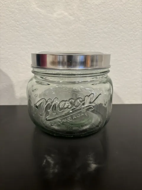 Mason Craft & More Heavy Clear Glass Lidded 56 oz Canister Jar EUC