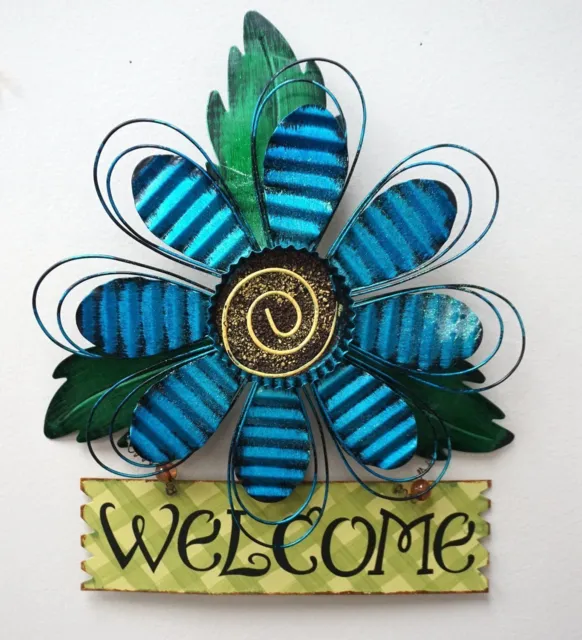 Rustic Metal Blue Flower Welcome Wall Art Decor Hanging Flower Welcome Wreath