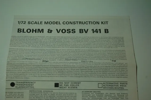 1/72ème PLAN DE MONTAGE POUR BLOHM & VOSS BV 141 B  -  pour kit AIRFIX
