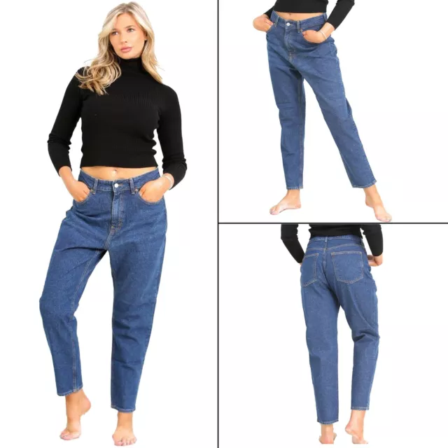 EX H&M Mom Jeans Womens Relaxed Fit Pants Ladies High Waisted Blue Denim Trouser