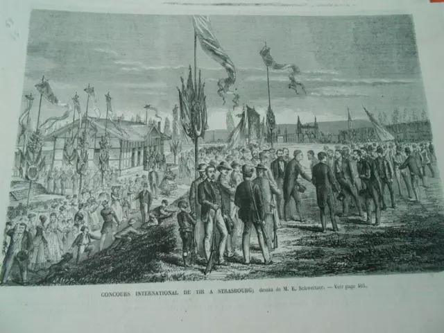 Gravure 1868 - Concours International de Tir à Strasbourg