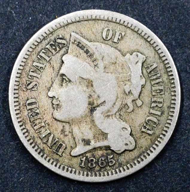 1865 THREE-CENT PIECE -CIVIL WAR ERA- Nickel Coin