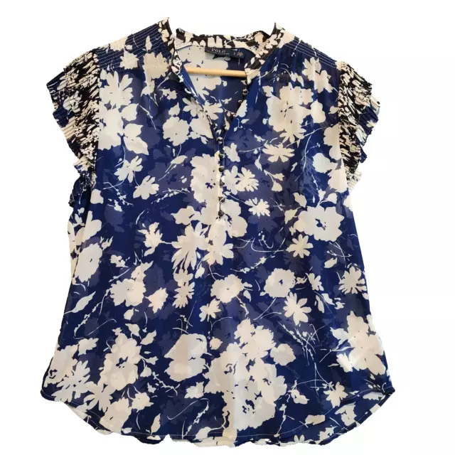 Polo Ralph Lauren Blue White Black Floral Fly Away Blouse Flutter Sleeve Sz L