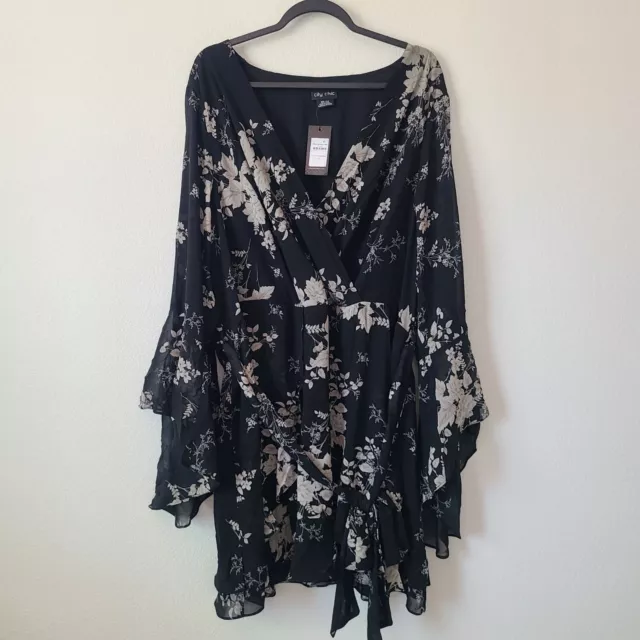 City Chic Bouquet Floral Long Bell Sleeve Mini Dress Plus Size 24 Black