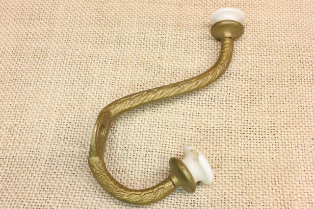 Old Bath Robe Coat Hook Hall Mirror Decorated Brass White CHIPPED Porcelain Knob