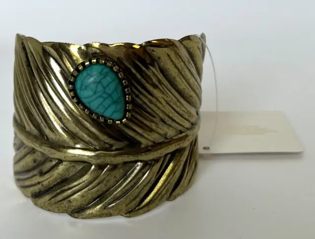 Chloe Accessory Gold Tone Feather Cuff Bracelet 2 Inch Wide Turquoise Stone