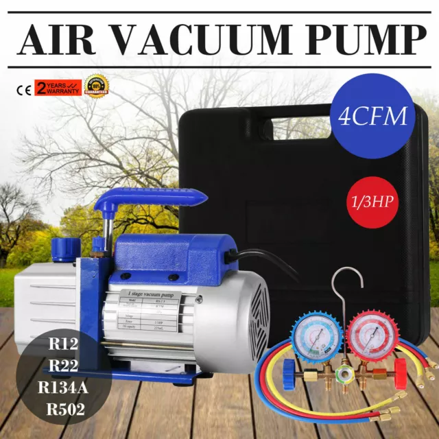 1/3HP 4CFM 110V Air Vacuum Pump HVAC R134A Refrigeration AC Manifold Gauges Set