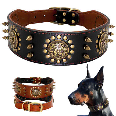 Genuine Leather Padded Dog Collar Wide Studded Heavy Duty Adjustable Collar