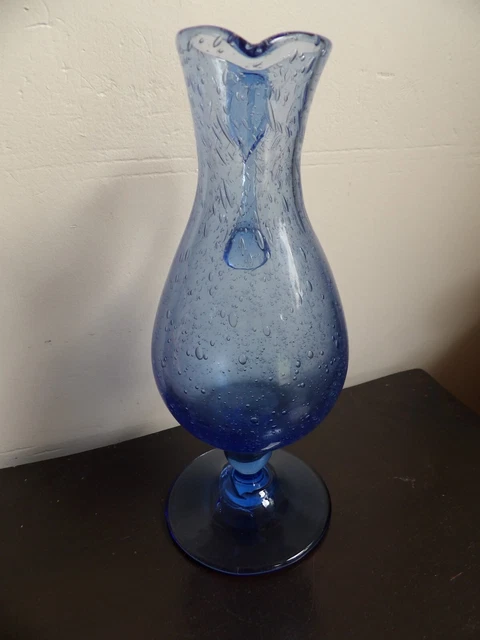 Verre à Pied Soufflé Bullé Bleu Signé Biot – H 19,6 Cm – Authentique Art De La Verrerie