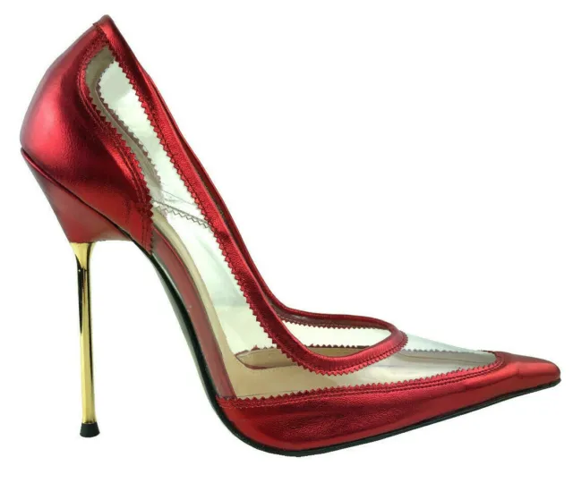 Cq Pumps Decolte Crystal Transparent Sexy Pvc Leather Gold Metal Heels Red Rosso 2