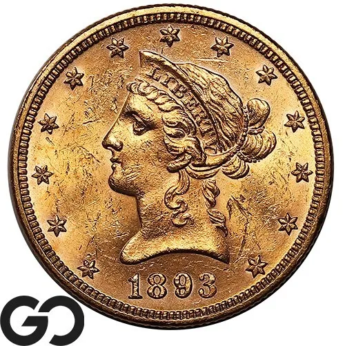 1893 Gold Eagle, $10 Gold Liberty, Very Nice Lustrous Choice BU++ ** Free S/H!