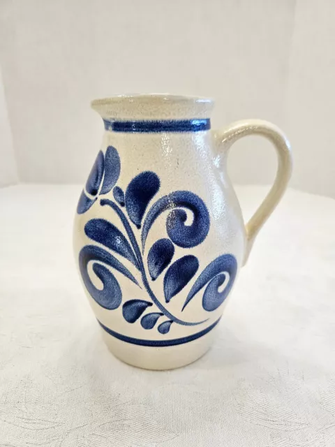 Jacob Leopold Knodgren German 7.5" Cobalt Blue Folk Art Salt Glazed Pitcher Vase