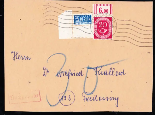 Bund Posthorn, 20 Pf, Mi. 130 Brief Einzelfrankatur mit OR & Notopfer ER
