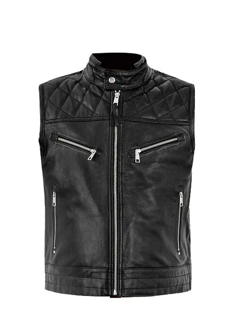 Men's Real Leather Bikers Quilted Panels Vest Zip Up Front Vest Motorcycle Vest