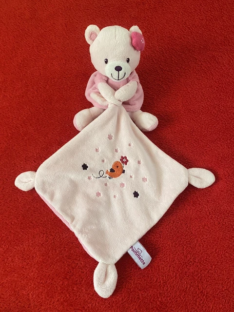 🇫🇷 Doudou Mouchoir Ours Rose Brodé Fleurs Étoiles POMMETTE NEUF
