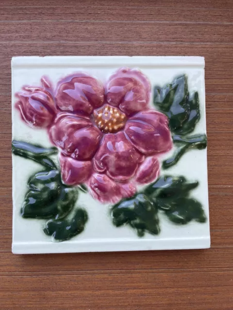 Antique Tile Ceramic Art Nouveau Japan Saji Majolica Rose Embossed