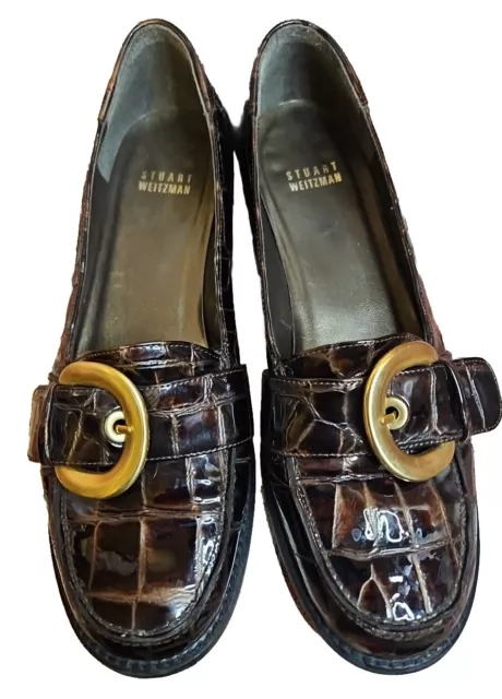 STUART WEITZMAN 8.5 M Loafer Shoes Patent Croc Choco Brown Slip-on Gold ...