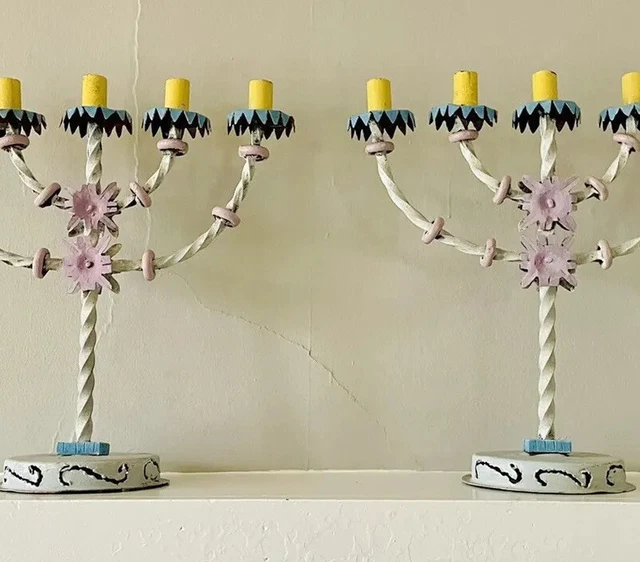 VTG Antique Pair Wrought-Iron 5 Candle Candelabras, Gothic Medieval Unique 17”