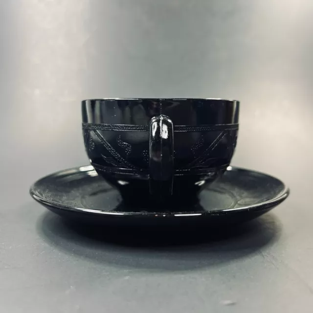 Hazel Atlas Black Depression Glass Cup & Saucer Shamrock Cloverleaf 1930's 2