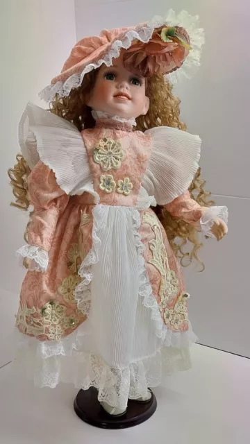 Porcelain Doll With Peach Dress & Hat 55cm Tall - 1200grams