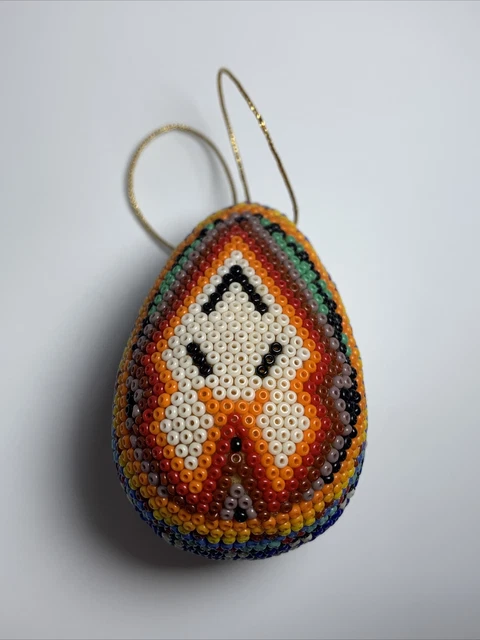 Native Huichol Mexican Carved Beaded Wood Egg Sculpture