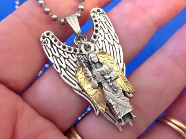 CUSTOM ARCHANGEL St MICHAEL Saint Medal NECKLACE Pendant Gold Plate Angel Wings