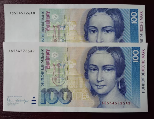 Germany -Deutschland 100 D-Mark 1989 (2X) Fortlaufend! Perfekt Unc.