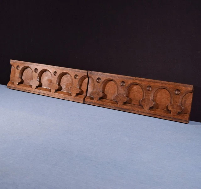 Vintage Pair of French Carved Architectural Gothic Panels in Solid Oak Wood 3