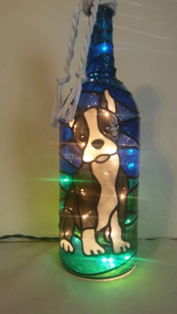 Boston Terrier Inspired Stained Hand Painted Lighted Wine Bottle Glass look