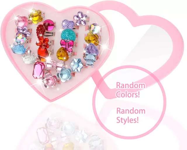 Anillos Para Niñas 24 Piezas Cristal Ajustables Princesa Caja Forma De Corazón 3