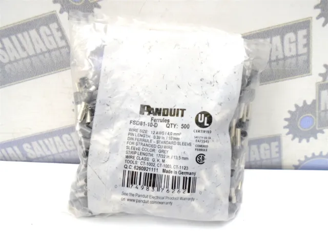 PANDUIT - FSD81-10-D - (500 pcs.) FERRULES - 12 AWG - GRAY - (NEW in BAG)
