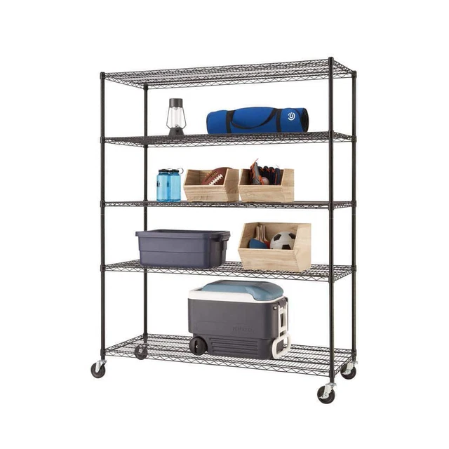 TRINITY Rolling Shelving Unit 60"x77"x24" 5-Tier Freestanding Steel Wire Black