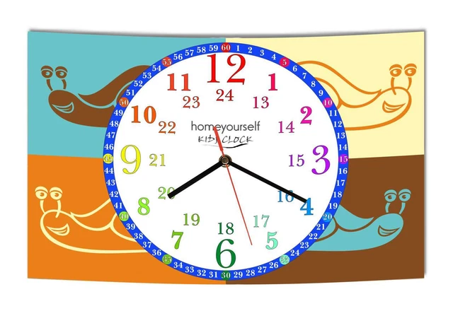 LAUTLOSE Wanduhr Kinder Lernuhr braun blau Schnecke retro zur Einschulung Uhr mo