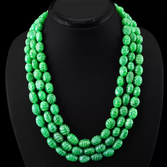 845.00 Cts Earth Mined 3 Strand Green Emerald Oval Carved Beads Necklace (Dg)