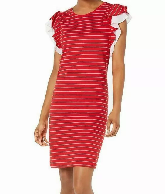 Maison Jules Dress Boat Neck Striped Shift Ruffle Sleeve Red Sz M NEW NWT 394