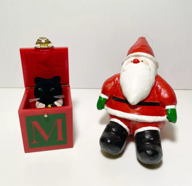 Two Department 56 Ornaments Poly Jolly Santa Claus 5” Flocked Kitty in Box 2”