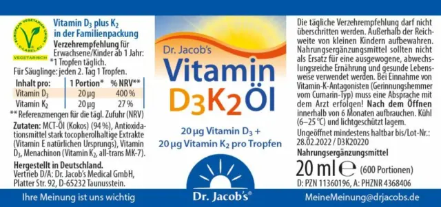 Dr. Jacob's Vitamin D3K2 Öl 20 ml 3