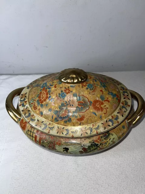 Chinese Japanese Asian Large Porcelain SATSUMA Tureen/Lidded Bowl 2