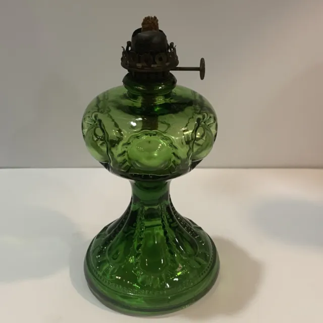 Vintage Bullseye Pattern Green Glass Miniature Lamp Kerosene