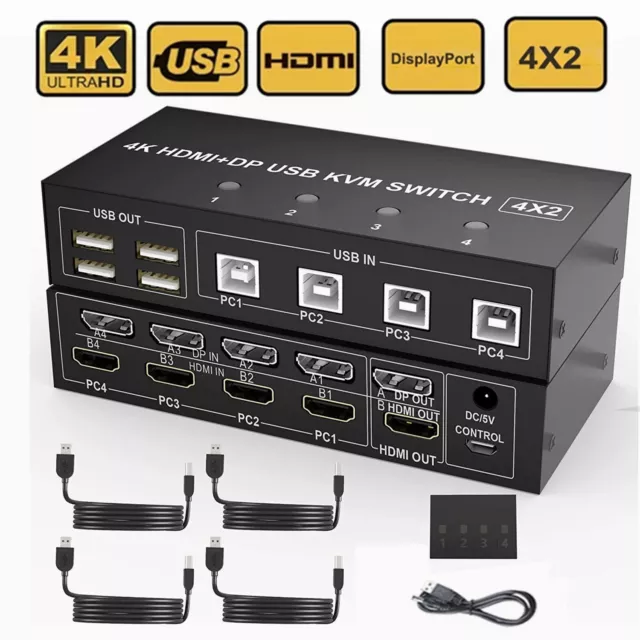 4 Port HDMI DisplayPort DP 4X2 USB KVM Switch 4K 60Hz Dual Monitor 4 Computers