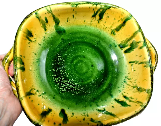 VINTAGE Majolica Art Pottery Italian Serving Bowl yellow green Drip Glaze Italy