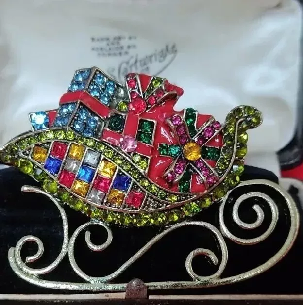 Vintage Style Enamel & Crystal Christmas Gift Sleigh Brooch Shawl Pin Jewellery
