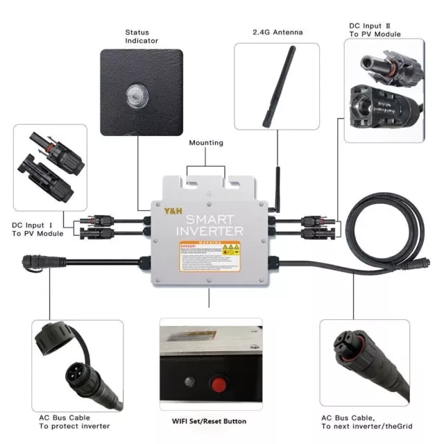 1000W Solar Grid Tie Micro Inverter 2×500W MPPT w/WIFI  DC30-60V/230V Stackable 2