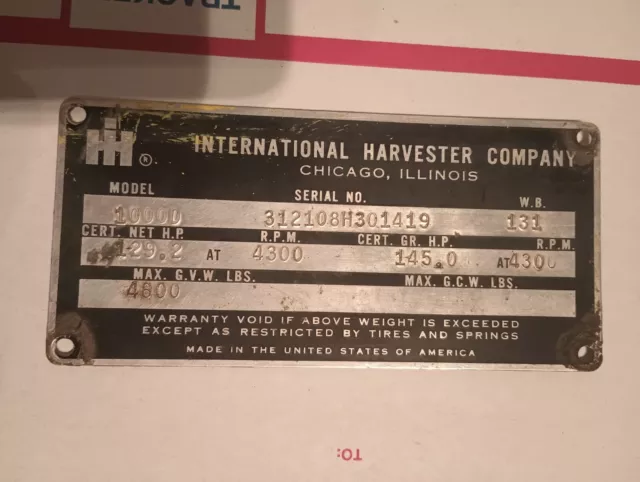 Vintage International Harvester 1000D Truck Data Plate  Ihc Pickup Id Tag