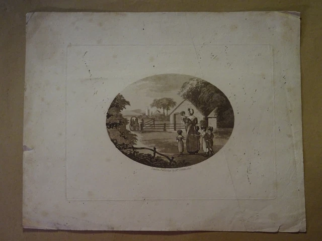 GRAVURE ANGLAISE début XIX° AQUATINTE PAYSAGE FEMME ENFANT CALECHE 1802