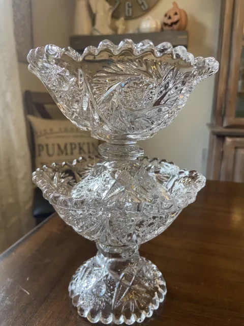 Vintage Imperial EAPG NuCut Compote Hobstar Bowl Crystal Retro Hollywood Regency