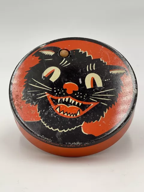 Vintage KIRCHHOF Tin Litho Spooky Black Cat Halloween Noisemaker Made In USA