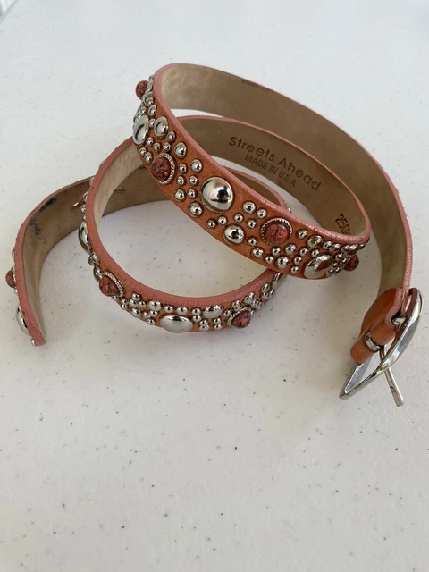 Streets Ahead Studded Leather Belt Size M Coral Silver 25081 Italian Leather